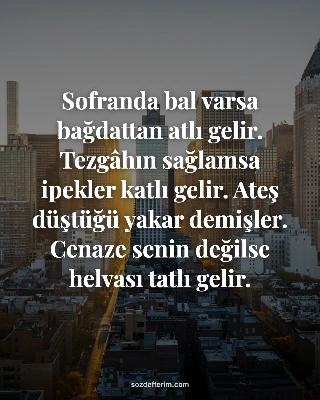 Sofranda bal varsa bağdattan atlı gelir. Tezgâhın sağlamsa ipekler katlı gelir. Ateş düştüğü yakar…